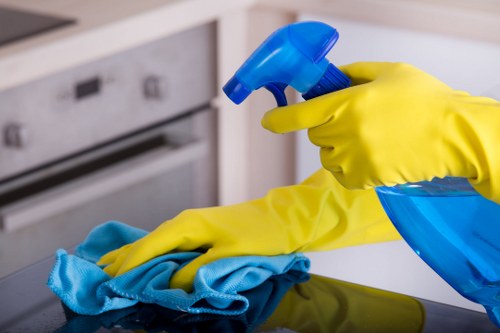 Domestic cleaner tidying a modern kitchen in central London